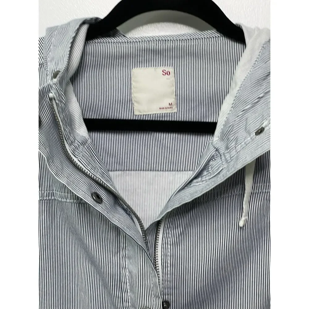 So Pinstriped‎ Long Sleeve Snap Button Field Hooded Jacket Blue/White Women's M